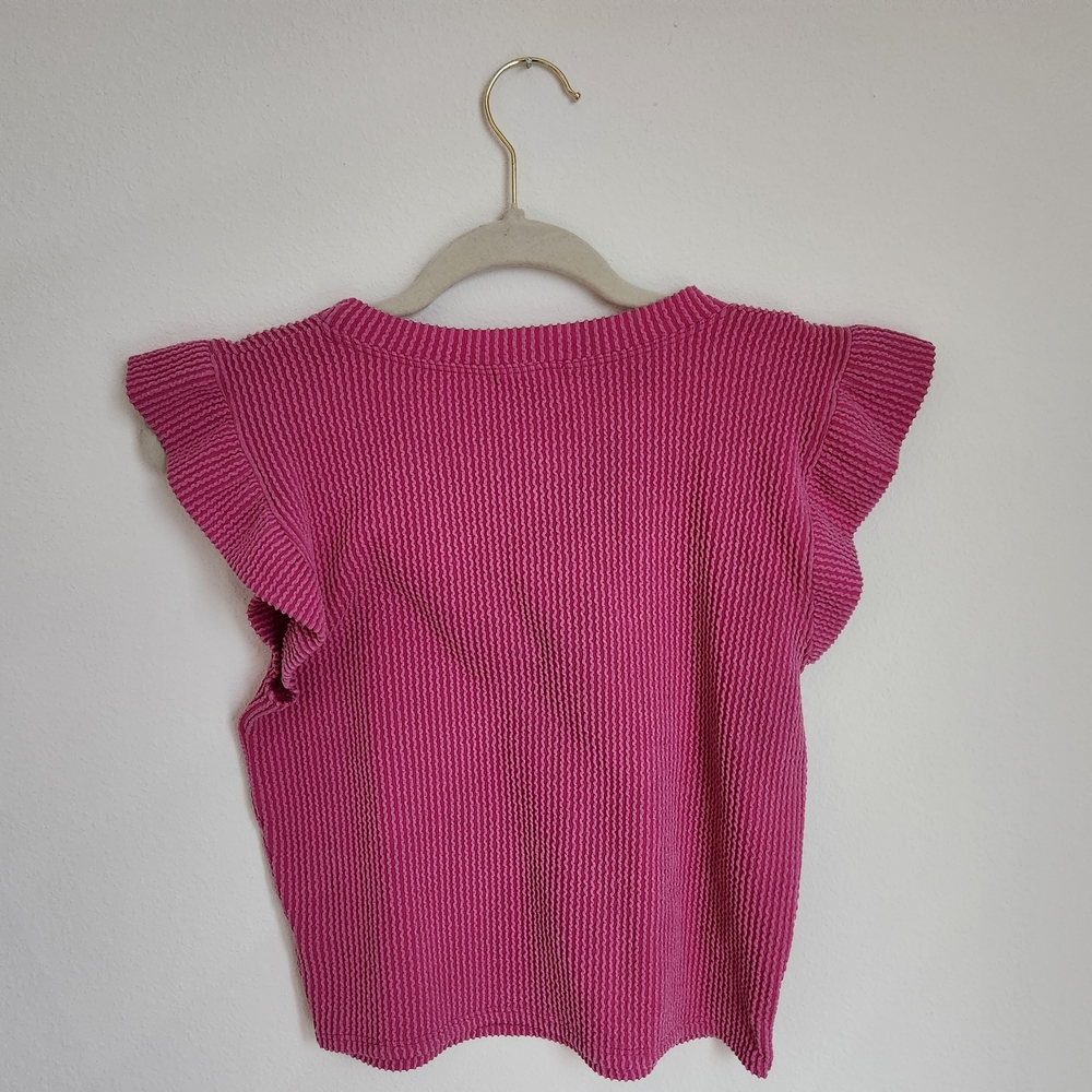 Bright Pink Ribbed Ruffle Sleeve Cropped Knit Top - Picture 5 of 7